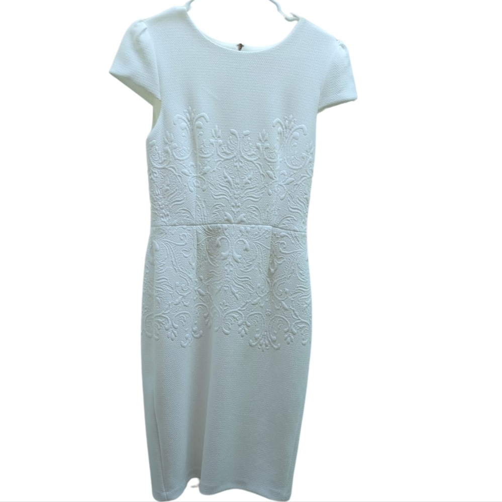 White Sheath Midi Dress with Cap Sleeves